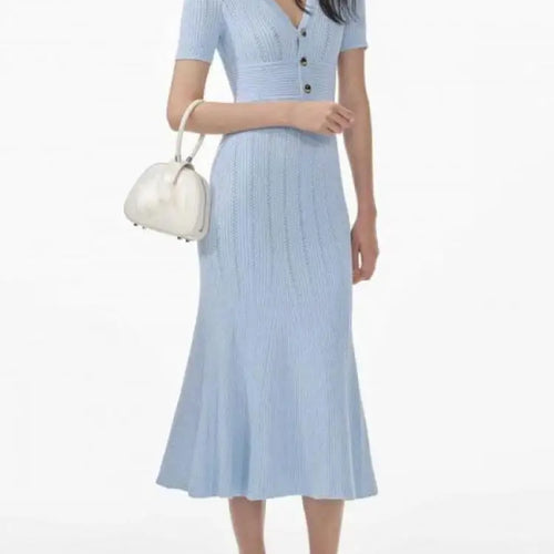 Load image into Gallery viewer, French Women's Black White Short Sleeved Knitted Long Dress Summer Blue V-neck High Waist Slim Hollow Out Button Pleated Dresses
