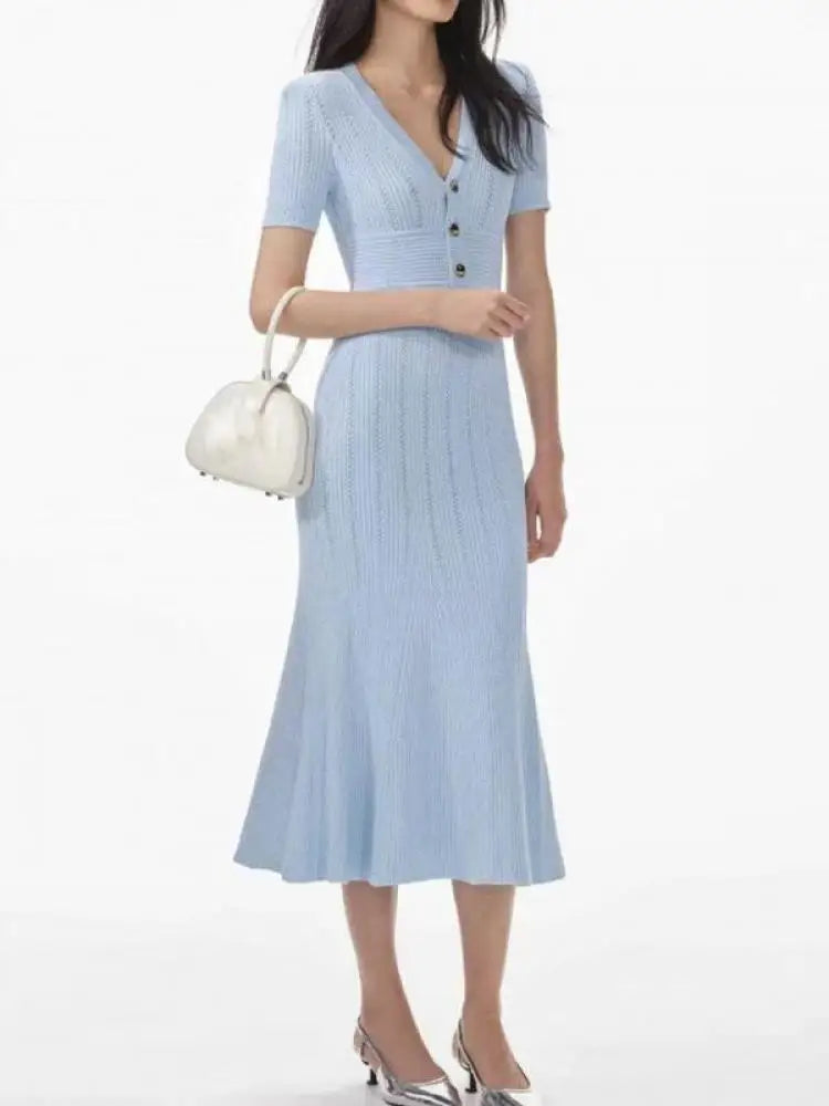 French Women's Black White Short Sleeved Knitted Long Dress Summer Blue V-neck High Waist Slim Hollow Out Button Pleated Dresses