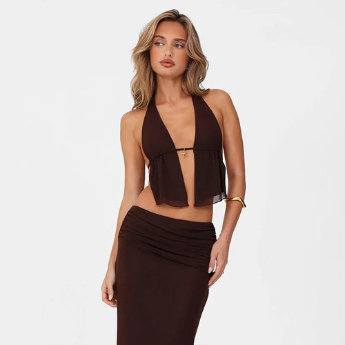 Load image into Gallery viewer, Hollow Out Lace-up Sexy Skirt 2 Piece Sets Women Brown Halter Crop Tops And Maxi Skirt Female Skinny Sexy Two Piece Set
