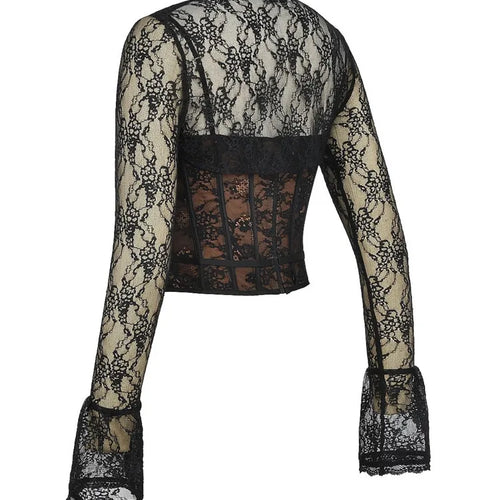 Load image into Gallery viewer, Elegant Lace Printed Patchwork Long Sleeve Hollow Out Women Top Set Sexy Perspective Fishbone Tight Strap Up 2025 Set
