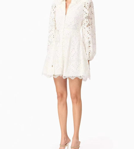 Hollow Out Spliced Lace Up Fashion Dresses for Women Lapel Long Sleeves Patchwork Single Breasted Dress Female New