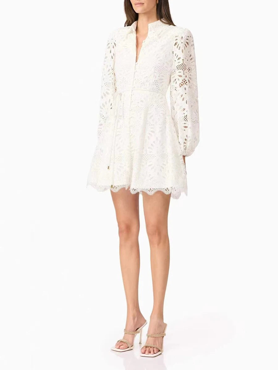 Hollow Out Spliced Lace Up Fashion Dresses for Women Lapel Long Sleeves Patchwork Single Breasted Dress Female New