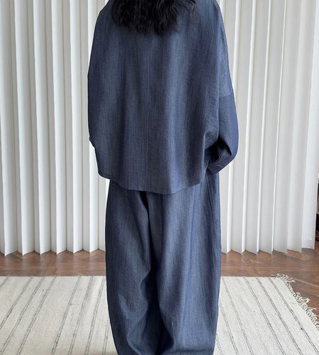 Women Blue Denim Elegant Big Size Casual Blouse New Round Neck Long Sleeve Shirt Fashion Tide Spring Autumn 2025 1DJ0162