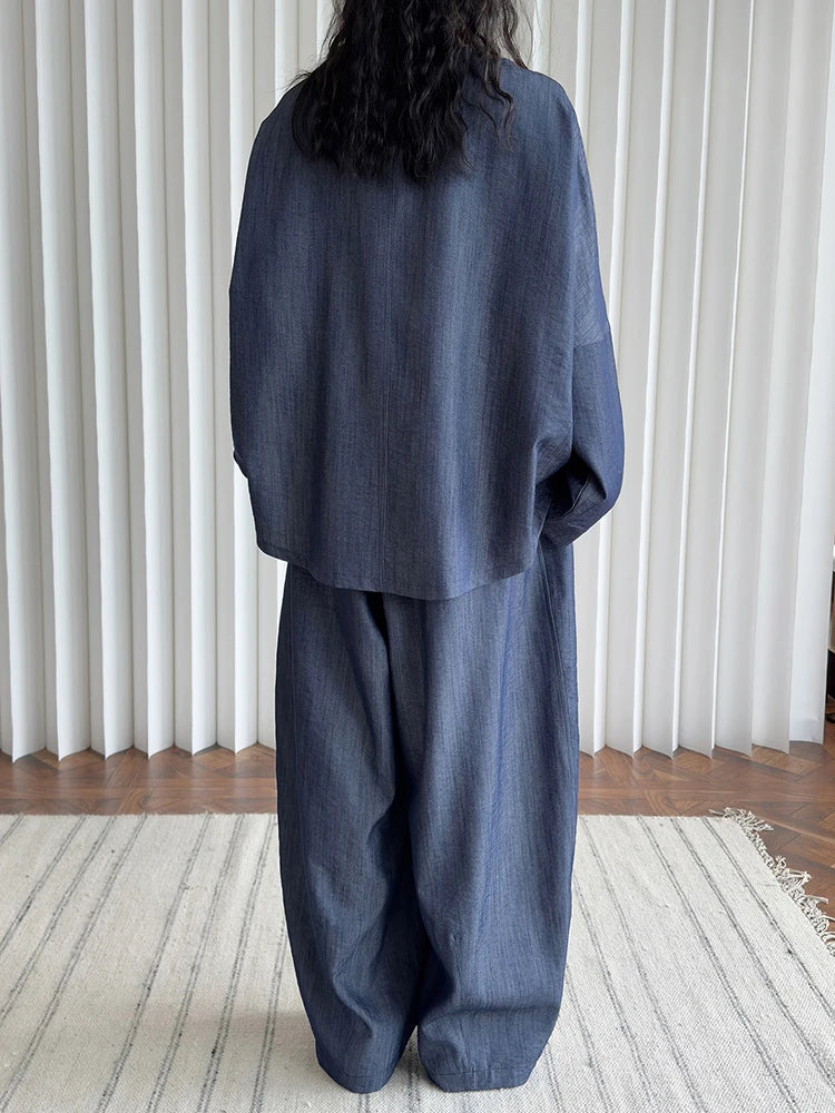 Women Blue Denim Elegant Big Size Casual Blouse New Round Neck Long Sleeve Shirt Fashion Tide Spring Autumn 2025 1DJ0162