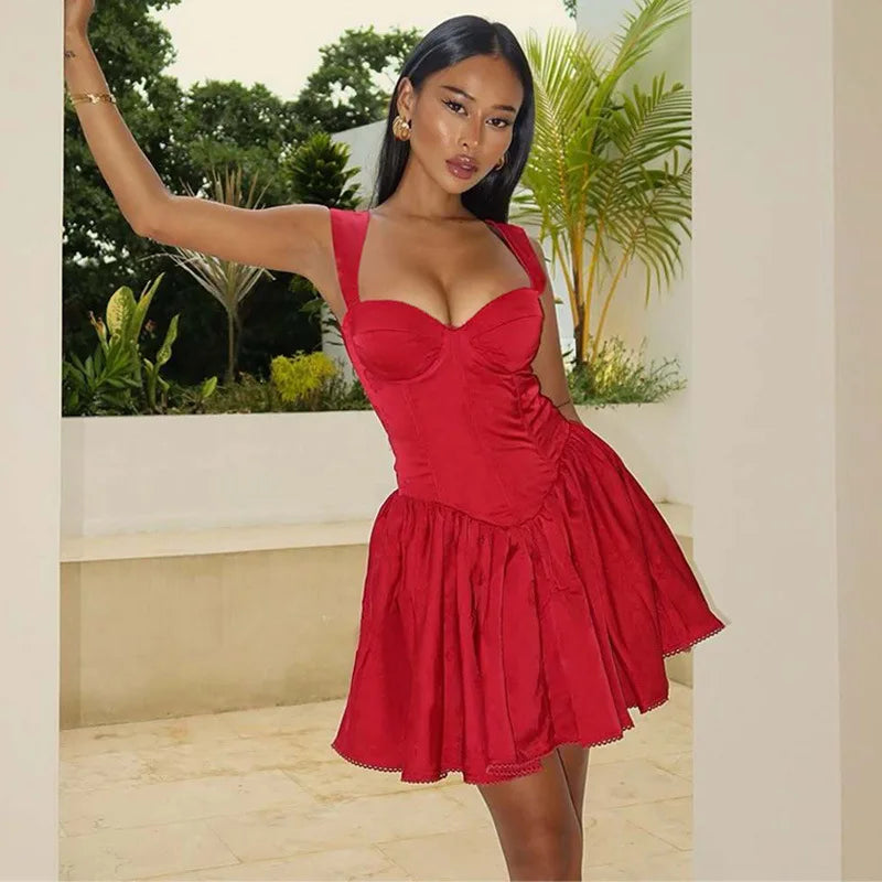 Red Backless Sexy Mini Dress Women Summer New Sleeveless Backless High Waist A-line Club Party Elegant Dress 2025