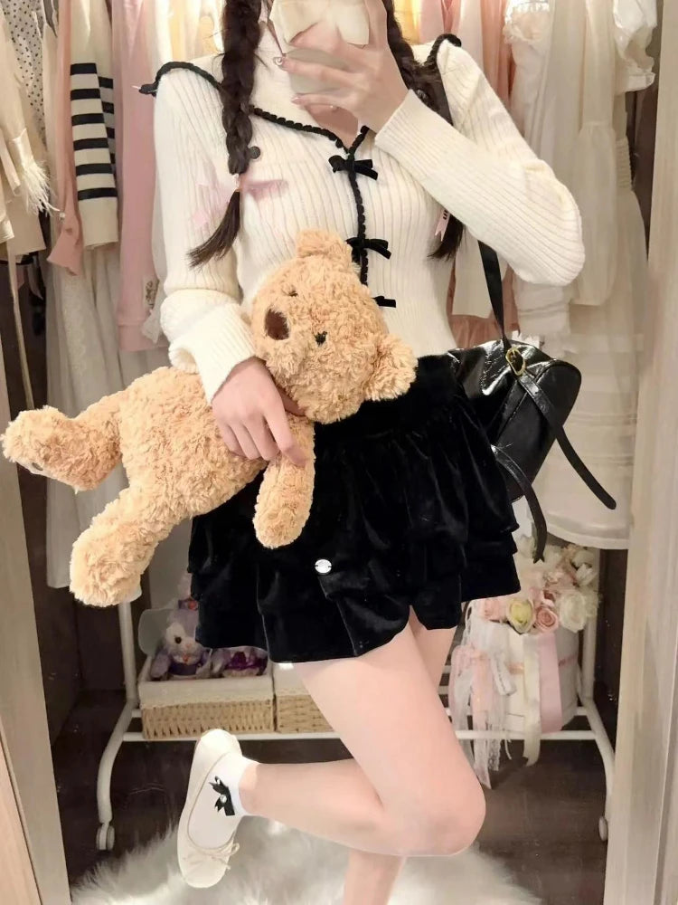 Sweet Y2k Aesthetic Sailor Collar Women's Cardigans Harajuku Slim Fit Patchwork Coats 2025 Autumn Fairy Grunge Bow Crop Tops