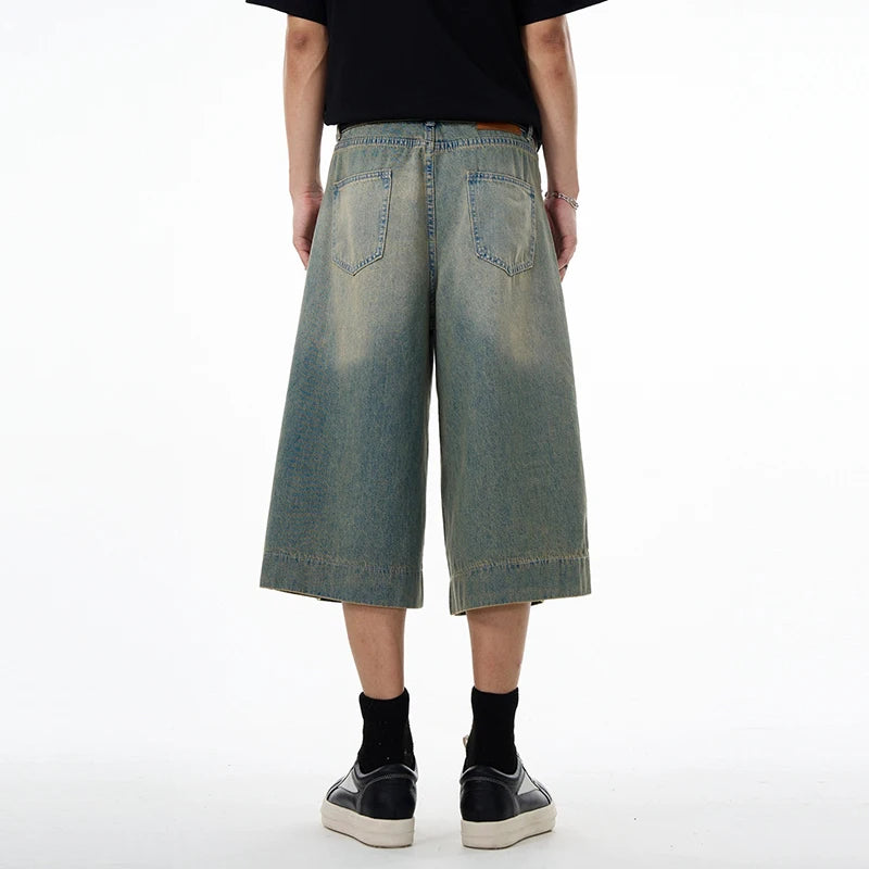 Male Denim Shorts American Wide Leg Cropped Jeans Summer Trend Trousers Loose Slim Washed Straight Pants 9W1461