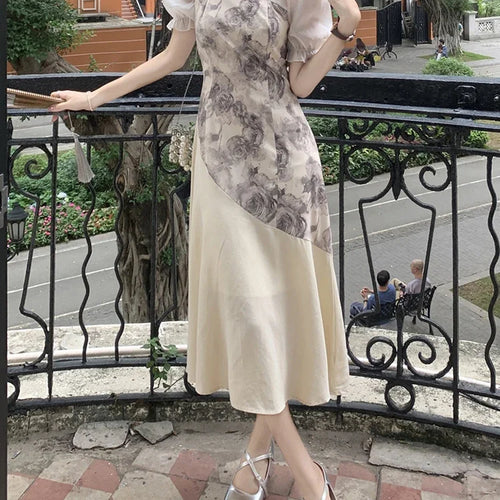 Load image into Gallery viewer, Puff Sleeve Spell Color Elegant Female Dresses High Street Stand Neck Hollow Out Women&#39;s Dresses Summer New Chinese Style
