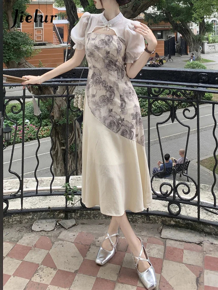 Puff Sleeve Spell Color Elegant Female Dresses High Street Stand Neck Hollow Out Women's Dresses Summer New Chinese Style