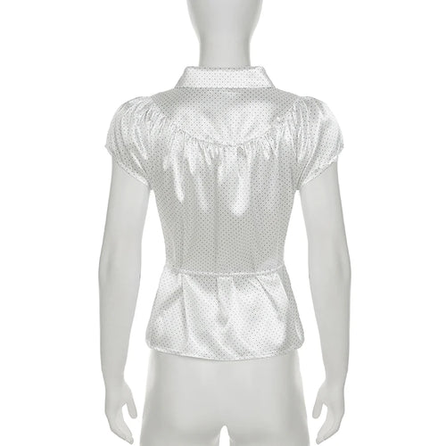 Load image into Gallery viewer, Fashion Polka Dot Printed Satin White Shirts Women Elegant Back Lace-Up Button-Fly Blouse Summer Short Sleeve Top New

