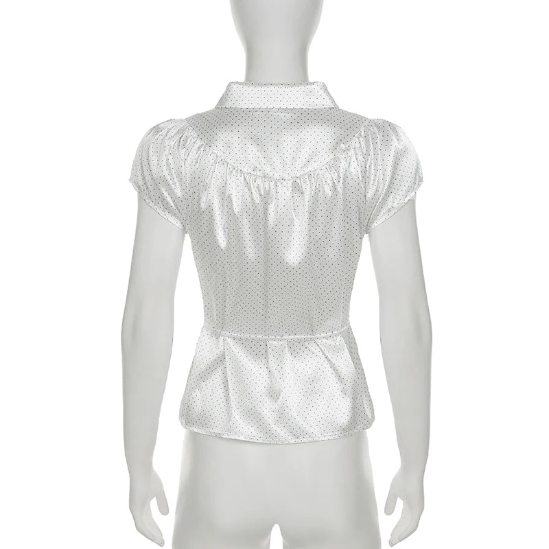 Fashion Polka Dot Printed Satin White Shirts Women Elegant Back Lace-Up Button-Fly Blouse Summer Short Sleeve Top New