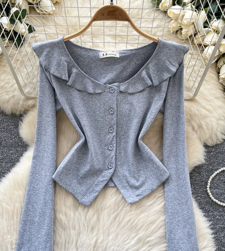 Vintage Fashion Women's Sweet Solid Single Breasted Long Sleeved T Shirt Spring Round Neck Ruffle Edge Short Cardigan Tops Trend