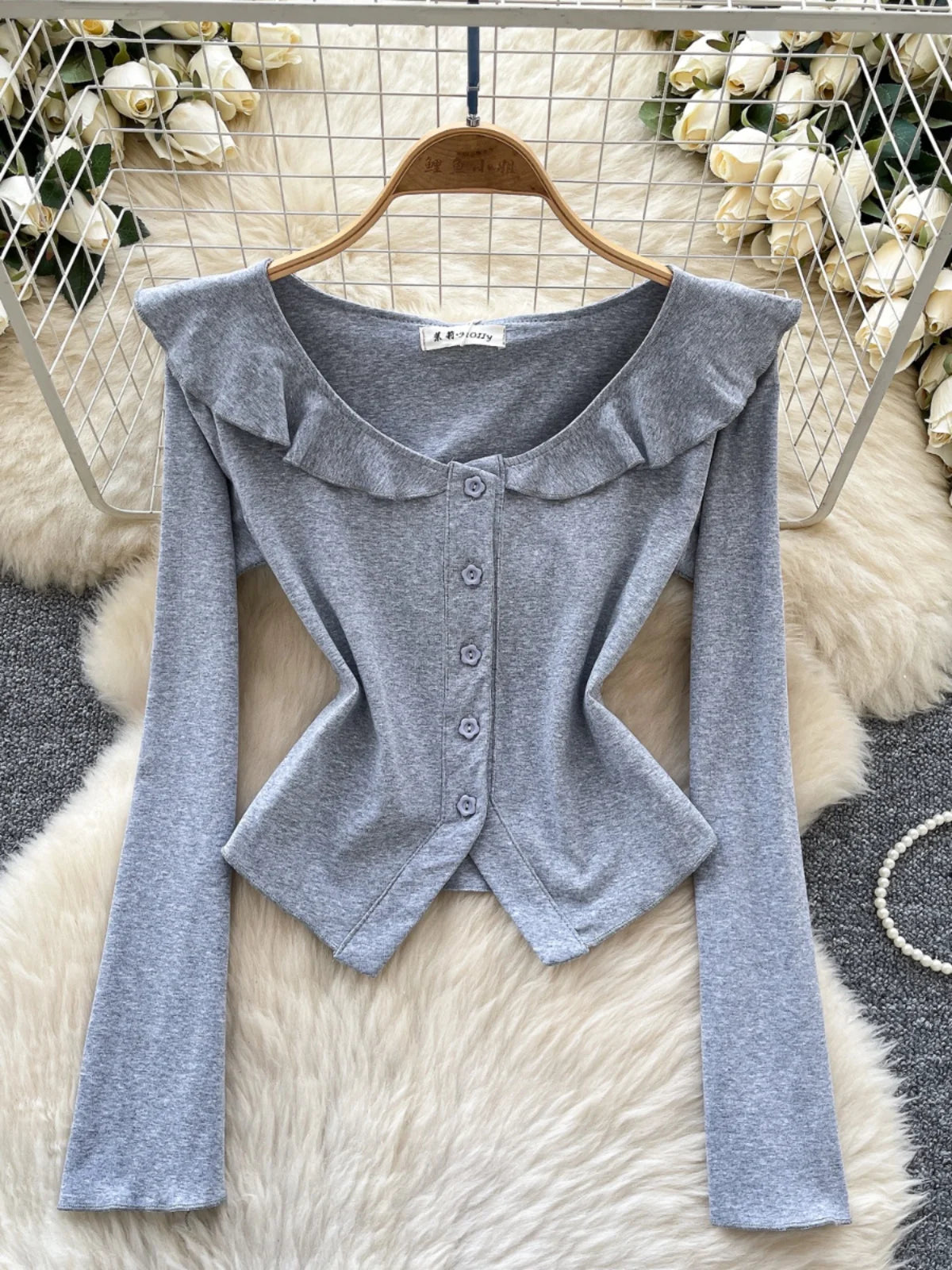 Vintage Fashion Women's Sweet Solid Single Breasted Long Sleeved T Shirt Spring Round Neck Ruffle Edge Short Cardigan Tops Trend