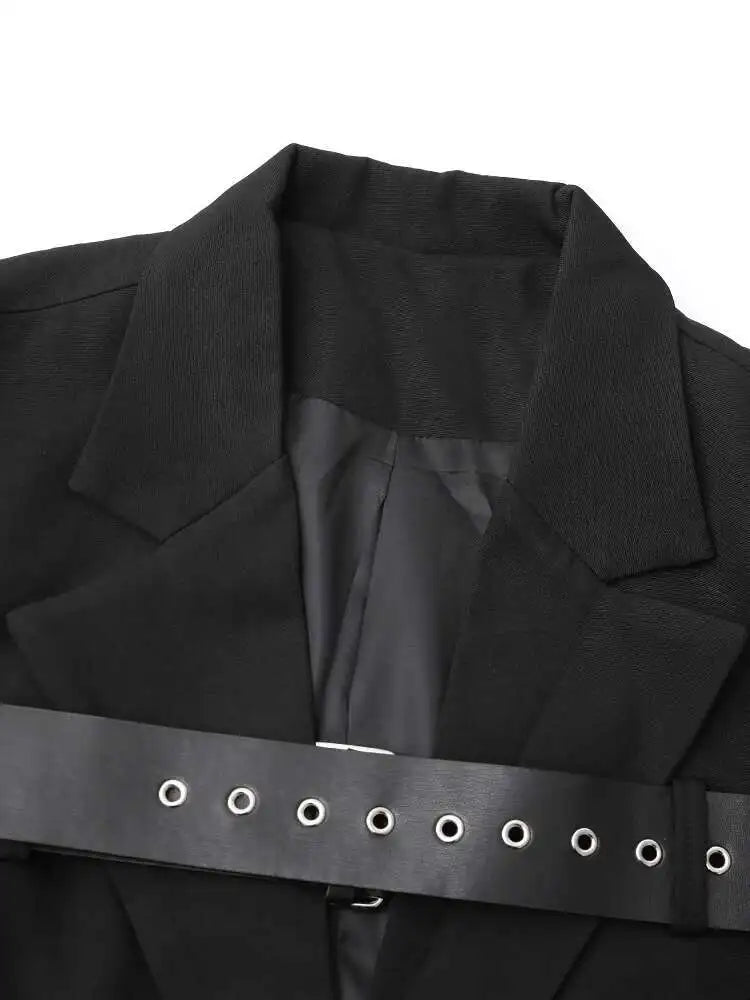 Women Black Leather Buckle Big Size Elegant Blazer New Lapel Long Sleeve Jacket Fashion Tide Spring Autumn 2025 CPG1275