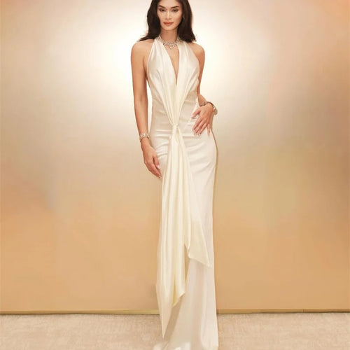 Load image into Gallery viewer, Satin Deep V Neck Backless Sexy Maxi Dress Women Elegant Halter Sleeveless Lace-up High Waist Draped Ruched Long Dress
