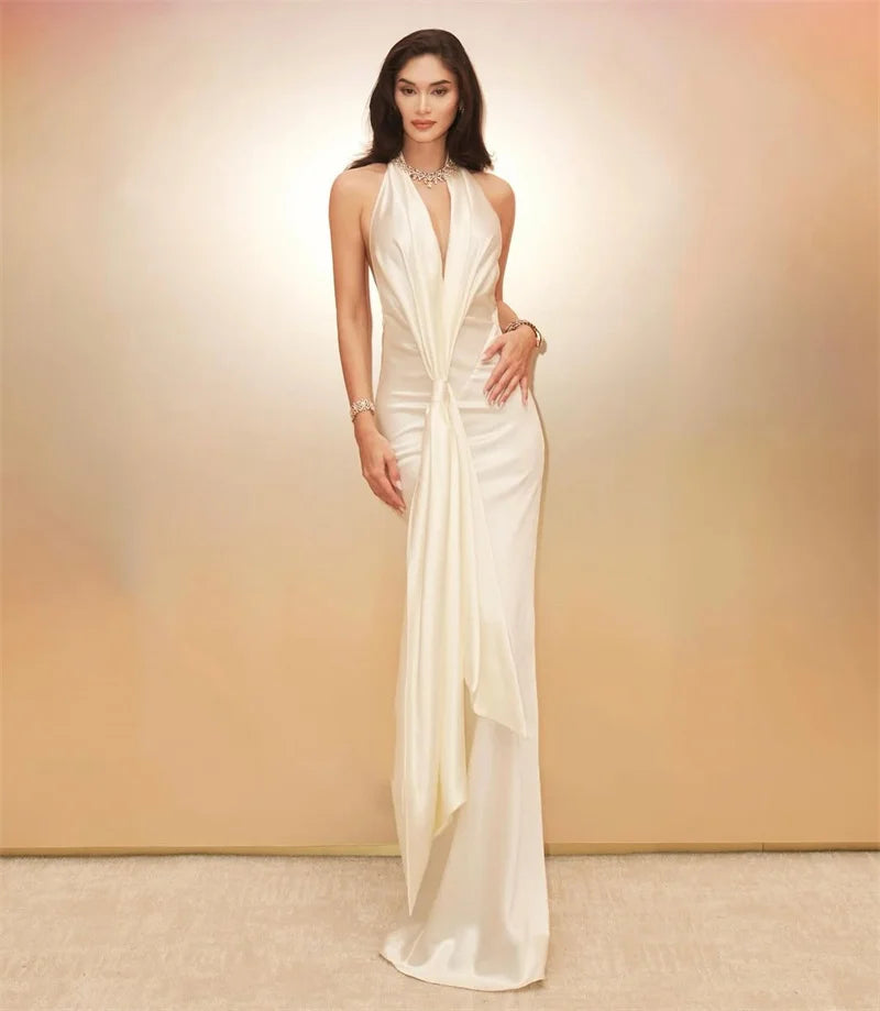 Satin Deep V Neck Backless Sexy Maxi Dress Women Elegant Halter Sleeveless Lace-up High Waist Draped Ruched Long Dress