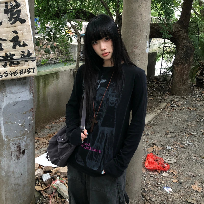 Japanese Y2k Anime Print T-shirt Vintage Harajuku Long Sleeve Tee Shirt 2000s Aesthetics Streetwear American Retro 90s