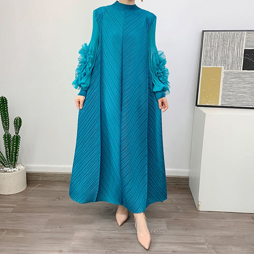 Load image into Gallery viewer, Loose Minimalist Ruffles Dresses For Women Round Neck Long Sleeve High Waist Pullover Dress Female Fashion
