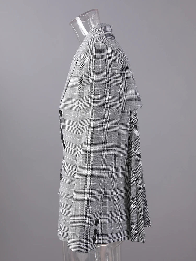 Women Plaid Double Breasted Back Pleated Elegant Blazer New Lapel Long Sleeve Jacket Fashion Spring Autumn 2025 3WM2547