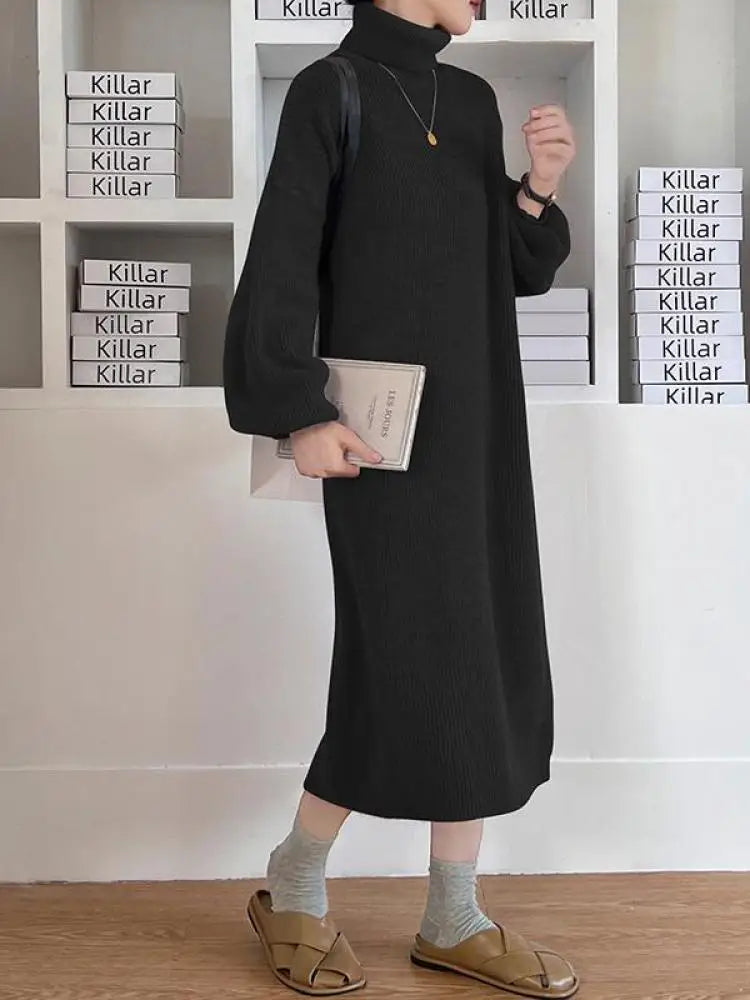 Fall Winter Knit Rib Wrap Midi Pencil Dress For Women Casual Simple Style Long Sleeve Turtleneck Sweater Dresses For Women 2023