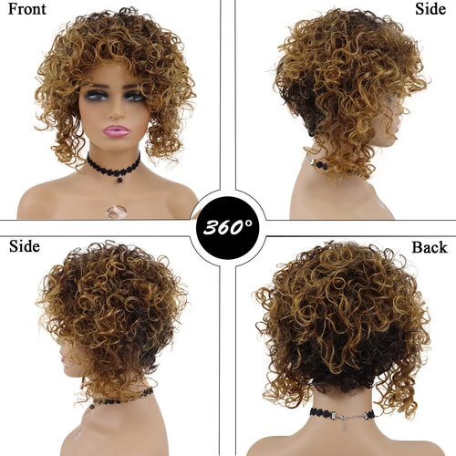 Load image into Gallery viewer, Afro Short Wig Culry Hair Synthetic Wigs with Bangs High Temperature Fiber Wig for Woman Mix Brown Colly Fashion Hairstyle Cute
