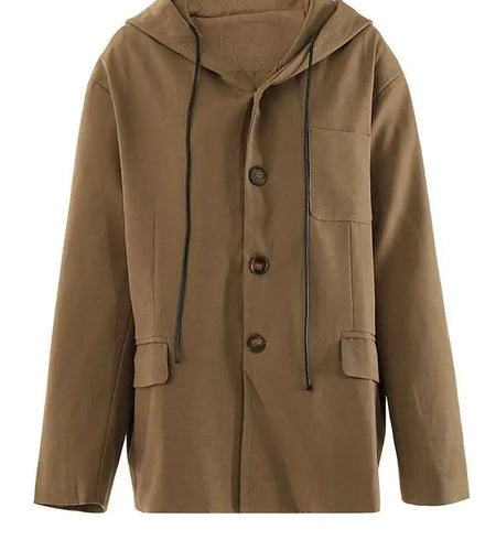 Women Khaki Drawstring Big Size Casual Blazer New Hooded Long Sleeve Jacket Fashion Tide Spring Autumn 2025 CPG2241