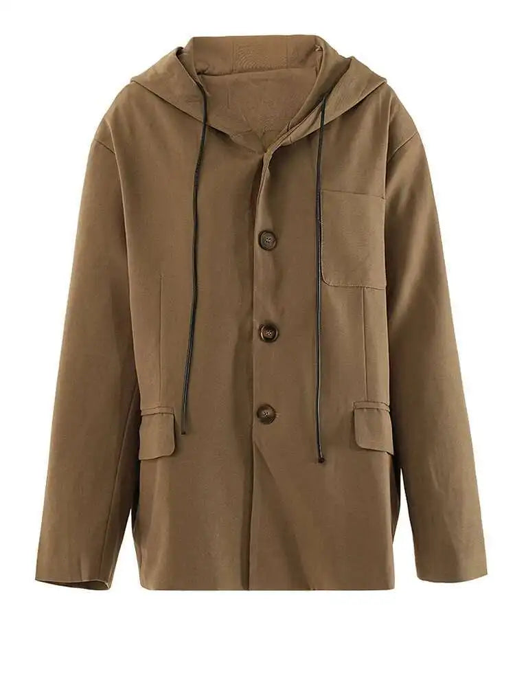 Women Khaki Drawstring Big Size Casual Blazer New Hooded Long Sleeve Jacket Fashion Tide Spring Autumn 2025 CPG2241