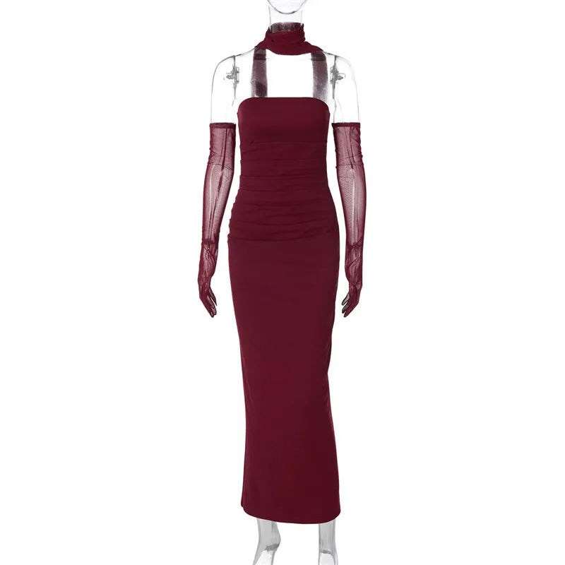 Strapless Backless Sexy Maxi Dress For Women Burgundy Mesh Sleeve Off-shoulder Bodycon Club Party Evening Long Dress