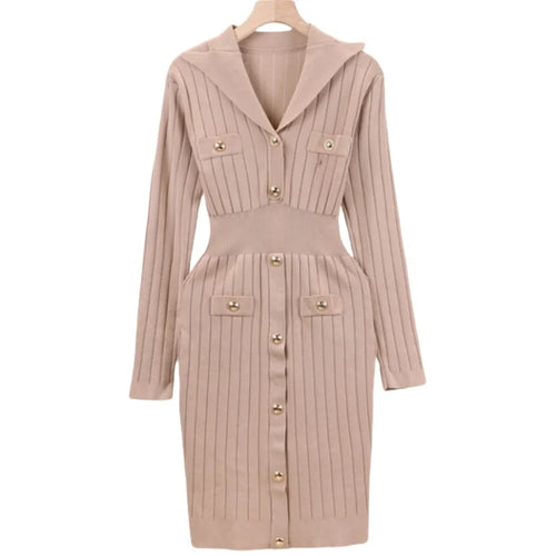 Load image into Gallery viewer, Women Khaki Single Breasted Long Sleeved Office Mini Dress Autumn Winter New Black V Neck Slim High Waist Knitted Short Dresses
