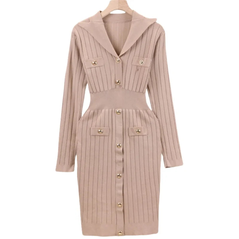 Women Khaki Single Breasted Long Sleeved Office Mini Dress Autumn Winter New Black V Neck Slim High Waist Knitted Short Dresses