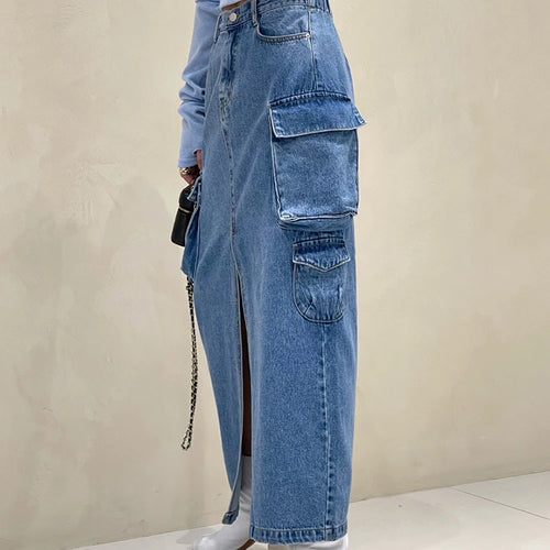 Load image into Gallery viewer, Patchwork Pockets Vintage Skirts For Women High Waist Solid Straight Split Denim Skirt Female Fashion Clothing
