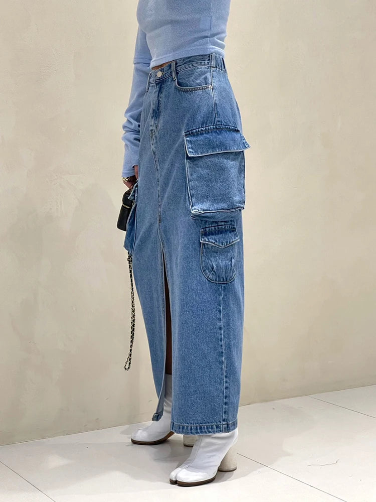 Patchwork Pockets Vintage Skirts For Women High Waist Solid Straight Split Denim Skirt Female Fashion Clothing