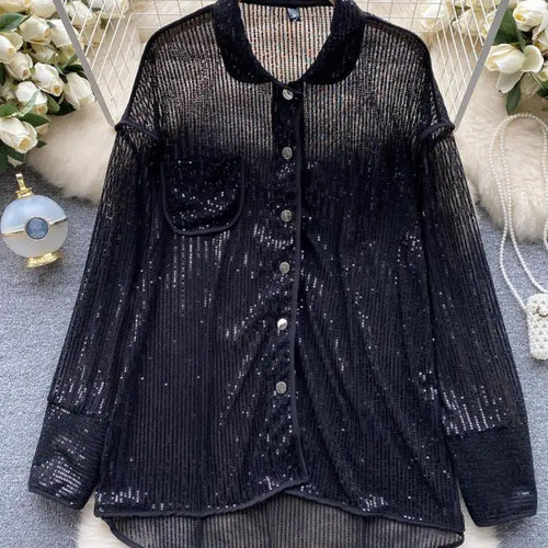 Load image into Gallery viewer, Autumn Solid Lantern Long Sleeve Sequin Shirt Women Fashion Clothing Vintage Loose Versatile Single Breasted Medium Length Tops
