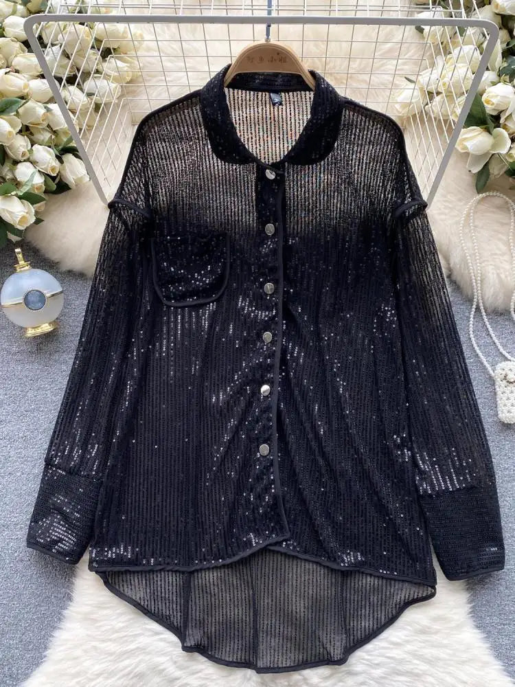 Autumn Solid Lantern Long Sleeve Sequin Shirt Women Fashion Clothing Vintage Loose Versatile Single Breasted Medium Length Tops