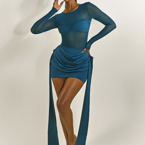 Mesh Patchwork Elegant Women Mini Dress Autumn Sexy Ribbons Long Sleeve Ruched Package Hip Bodycon Dresses Partywear Robe