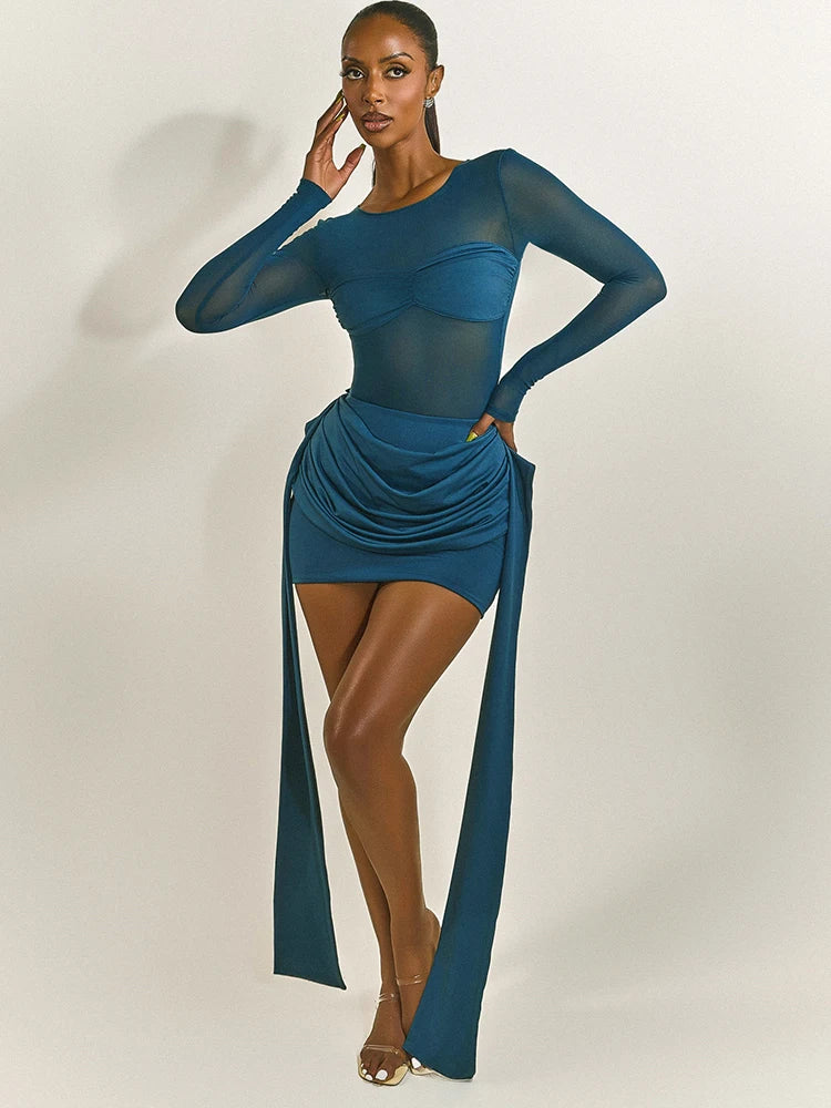 Mesh Patchwork Elegant Women Mini Dress Autumn Sexy Ribbons Long Sleeve Ruched Package Hip Bodycon Dresses Partywear Robe