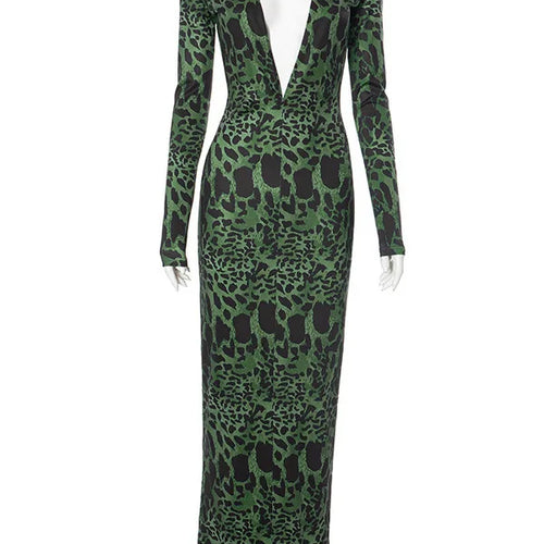 Load image into Gallery viewer, Elegant Long Sleeve Leopard Pattern Bodycon Party Evening Dress Women Sexy Deep V Slim Printed Long Dress 2025Spring New
