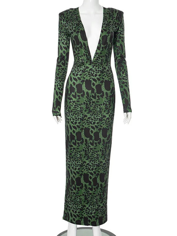 Elegant Long Sleeve Leopard Pattern Bodycon Party Evening Dress Women Sexy Deep V Slim Printed Long Dress 2025Spring New