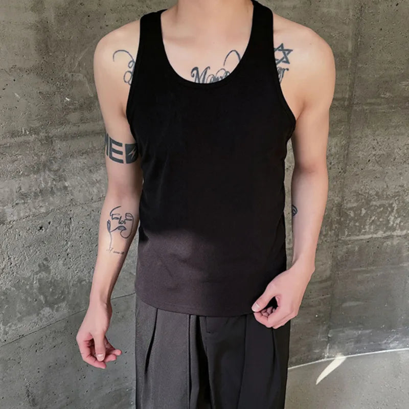 Summer New Men's Sleeveless Vest Round Neck Slim Fit Tank Top Trendy Bottom Top Solid Color Personality Male 9C5480