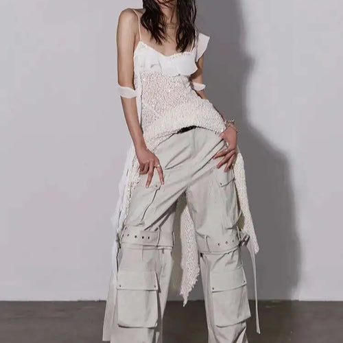 Load image into Gallery viewer, Women Beige Burr Perspective Sequins Irregular Long Spaghetti Strap Dress New Fashion Tide Spring Autumn 2025 1DH4725
