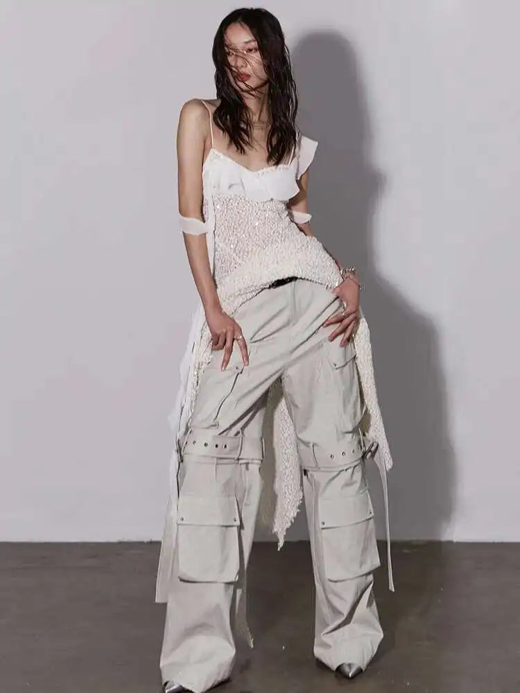 Women Beige Burr Perspective Sequins Irregular Long Spaghetti Strap Dress New Fashion Tide Spring Autumn 2025 1DH4725