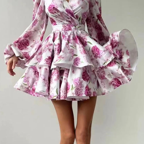 Load image into Gallery viewer, Hit Color Floral Printing Elegant Short Dresses For Women V Neck Long Sleeve High Waist Temperament Slimming Dress Female
