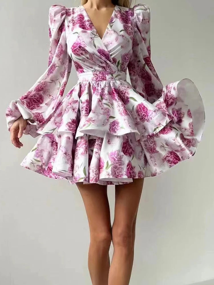 Hit Color Floral Printing Elegant Short Dresses For Women V Neck Long Sleeve High Waist Temperament Slimming Dress Female