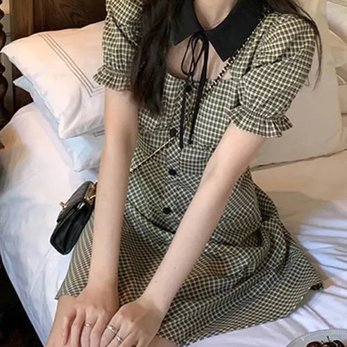 Load image into Gallery viewer, Plaid Bow Hollow Out Sexy Women&#39;s Dresses French Style Vintage Princess Sleeve Slim Sweet Single Breasted Female Dress
