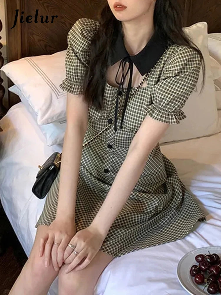 Plaid Bow Hollow Out Sexy Women's Dresses French Style Vintage Princess Sleeve Slim Sweet Single Breasted Female Dress