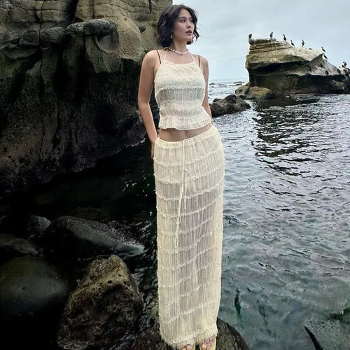 Load image into Gallery viewer, Chiffon Lace Sexy Skirt Two Piece Sets Women Halter Crop Tops And Maxi Skirt Ladies Fashion Woman Long Dress Set
