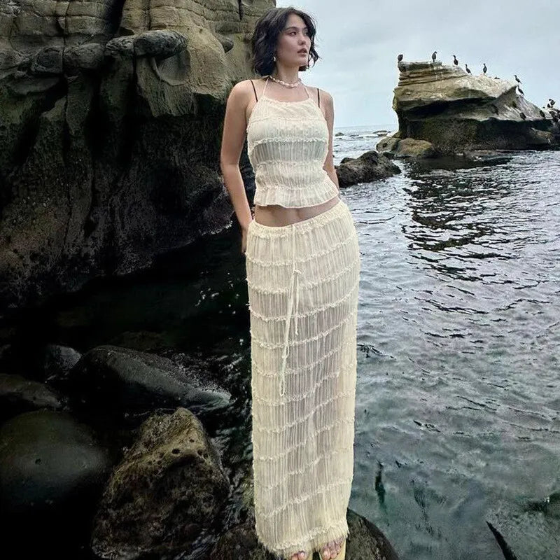 Chiffon Lace Sexy Skirt Two Piece Sets Women Halter Crop Tops And Maxi Skirt Ladies Fashion Woman Long Dress Set