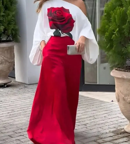 Summer Rose Flower Print Blouses Tops for Women Long Sleeves Asymmetric One-Shoulder Woman Loose Tee Shirts