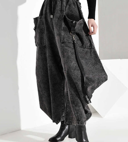 High Elastic Waist Pocket Split Long Denim Wide Leg Trousers New Loose Fit Pants Women Fashion Spring Autumn 2025 1D202