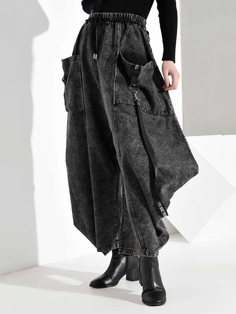 High Elastic Waist Pocket Split Long Denim Wide Leg Trousers New Loose Fit Pants Women Fashion Spring Autumn 2025 1D202